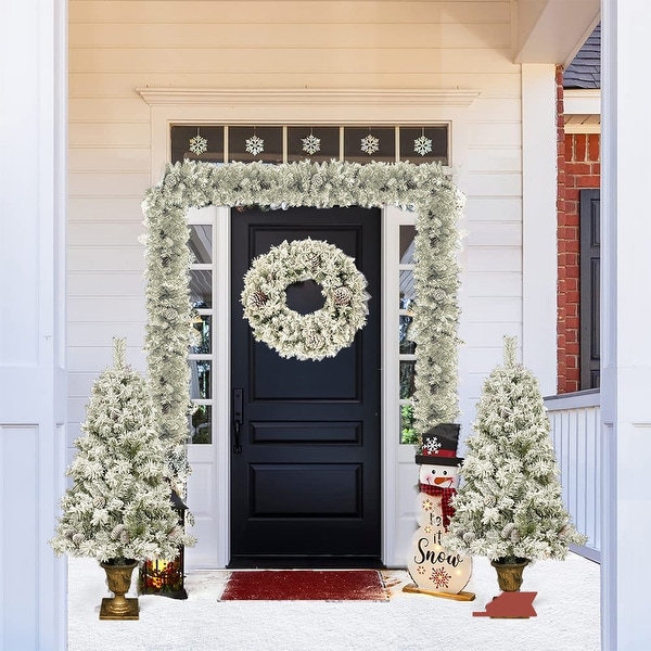 4Piece Flocked Christmas Wreaths and Garland Set，Artificial Xmas Tree Set w/ Pinecones and Berries