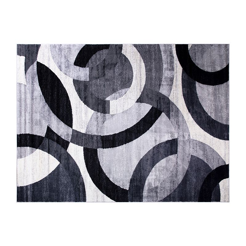 Masada Rugs Masada Rugs， Thatcher Collection Accent Rug with Interlocking Circle Pattern in Black and Grey with Olefin Facing and Natural Jute Backing - 5'x7'