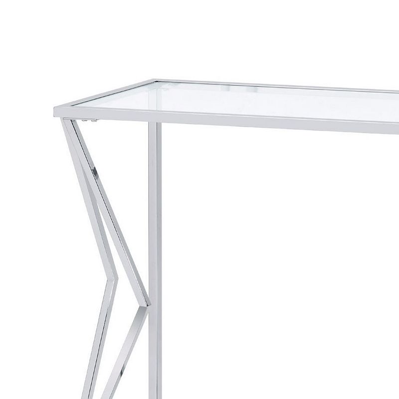 Sofa Table with Glass Top and Bottom Shelf and Geometric Accent， Silver