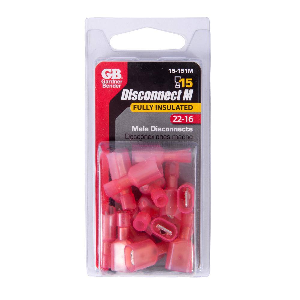 Gardner Bender 22 - 18 AWG 14 in. Fully-Insulated M-Disconnects Red (15-Pack) 15-151M