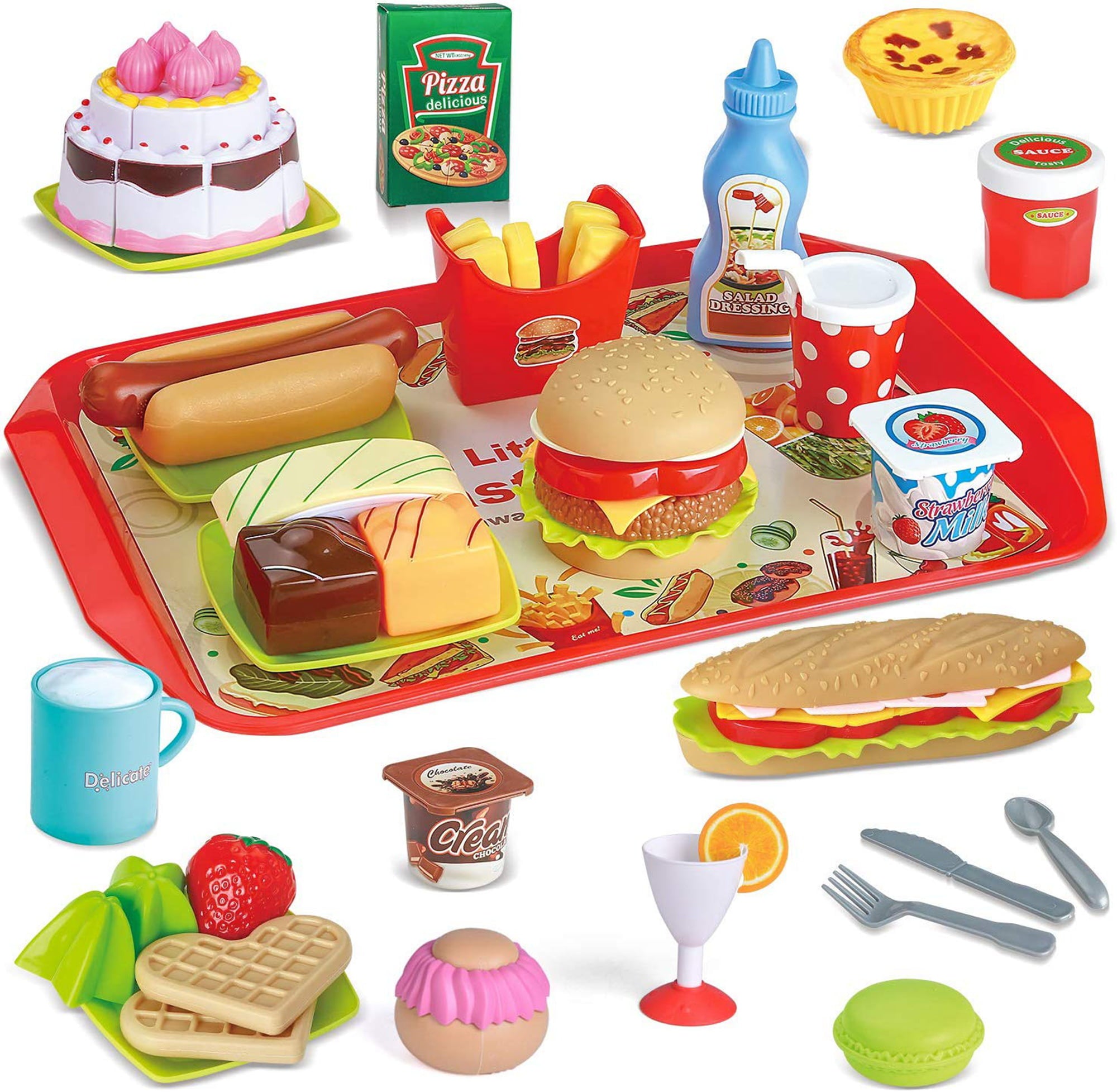 Fun Little Toys 49 Pcs Play Food for Kids Kitchen, Toy Foods with Cutting Fruits, Cake and Fast Food for Pretend Play