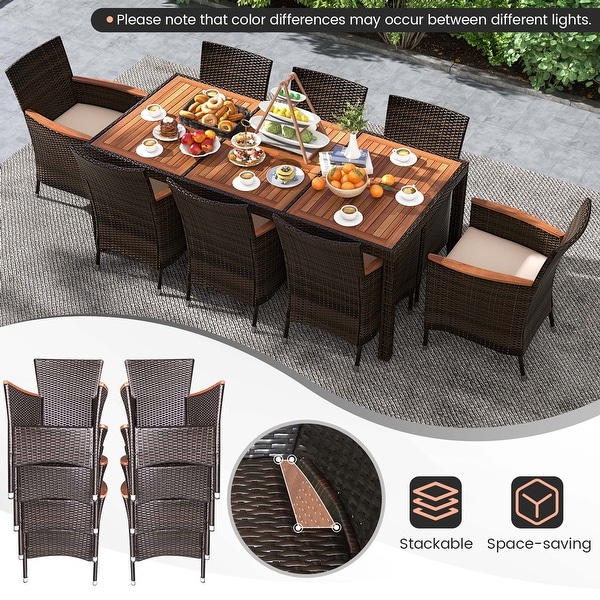 Costway 9PCS Patio Wicker Dining Set Acacia Wood Table Top Umbrella