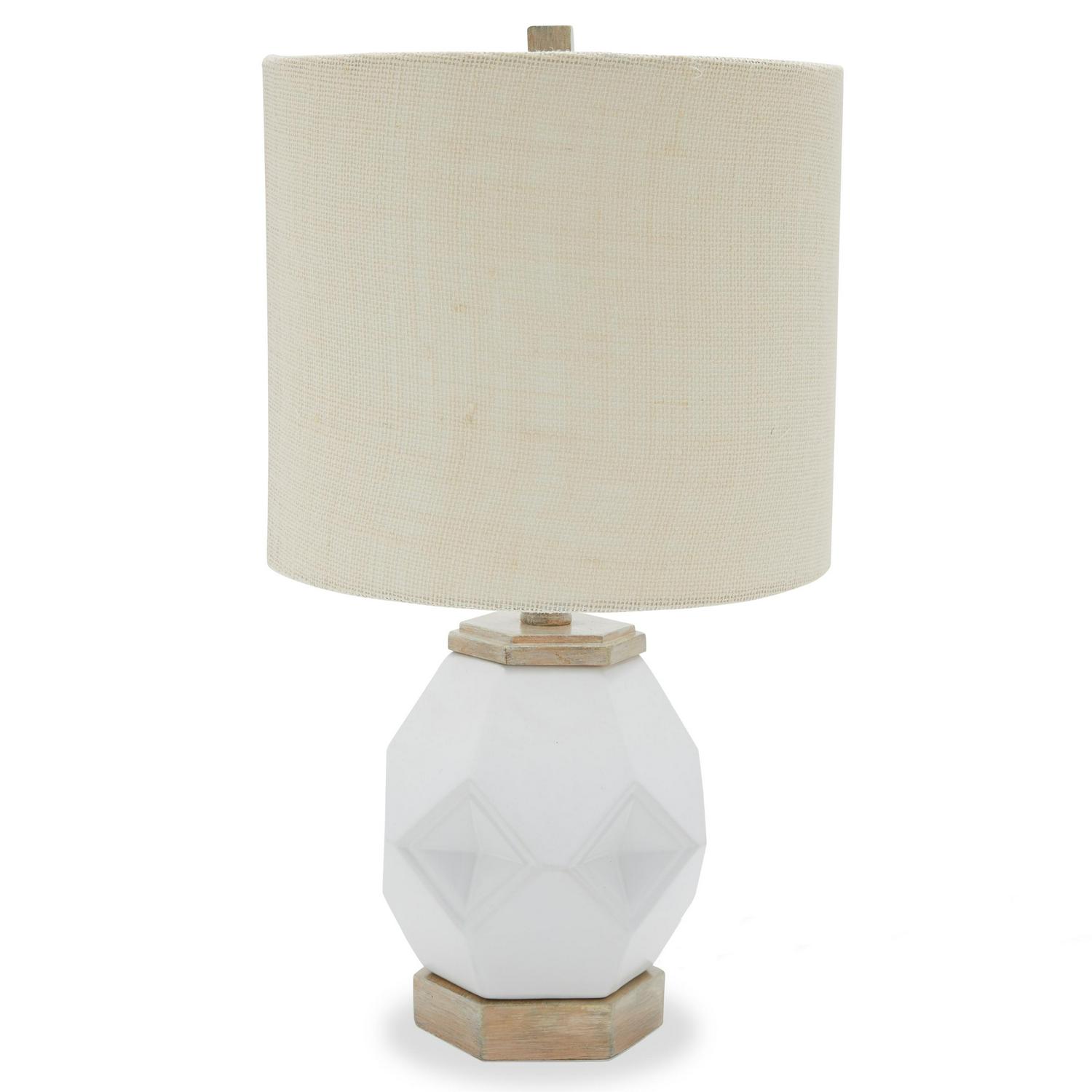 Iuka Farmhouse Ceramic Accent Lamp  White Glass Finish  Tan Burlap Shade