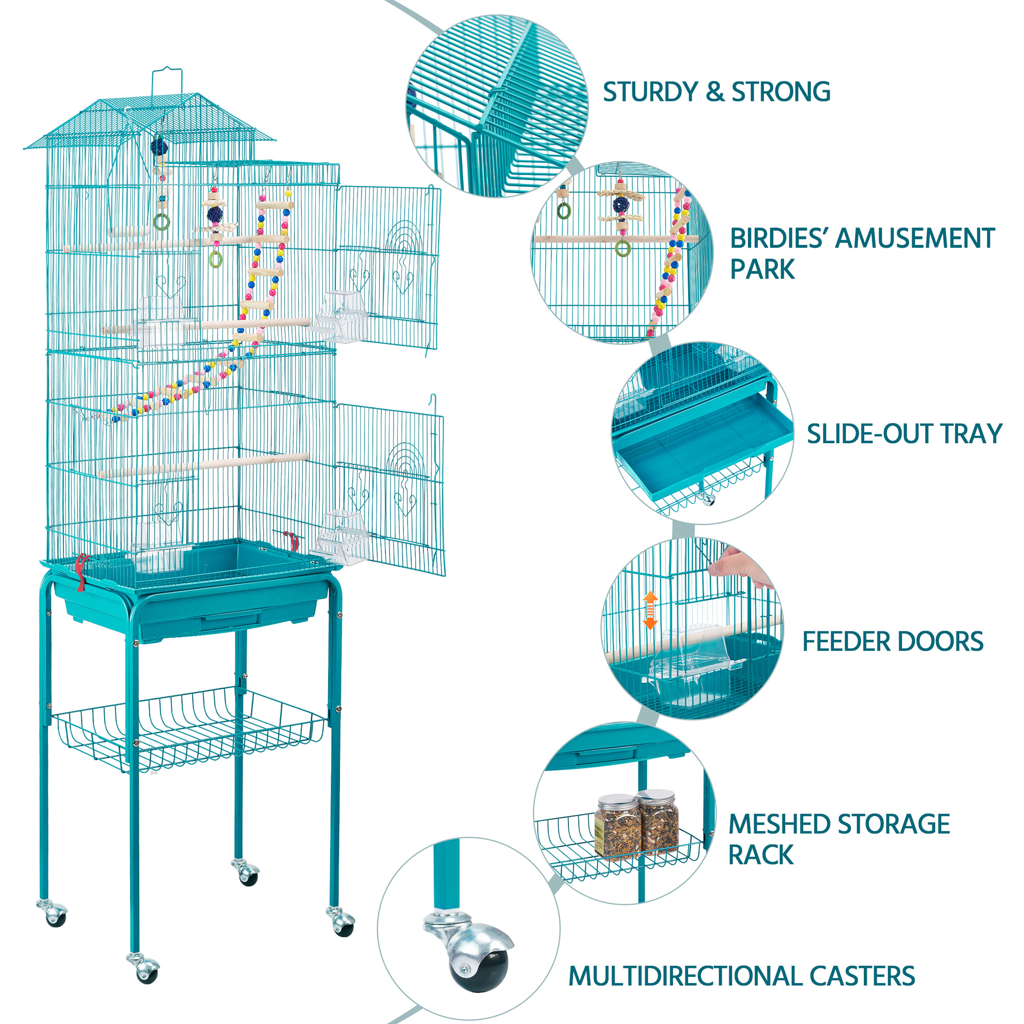 Topeakmart Teal Blue Metal Bird Cage with Ladder Toy and Rolling Detachable Stand， 62.4 H