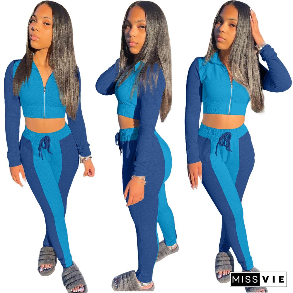 Color Patchwork Zipper Crop Top Skinny Pants Set