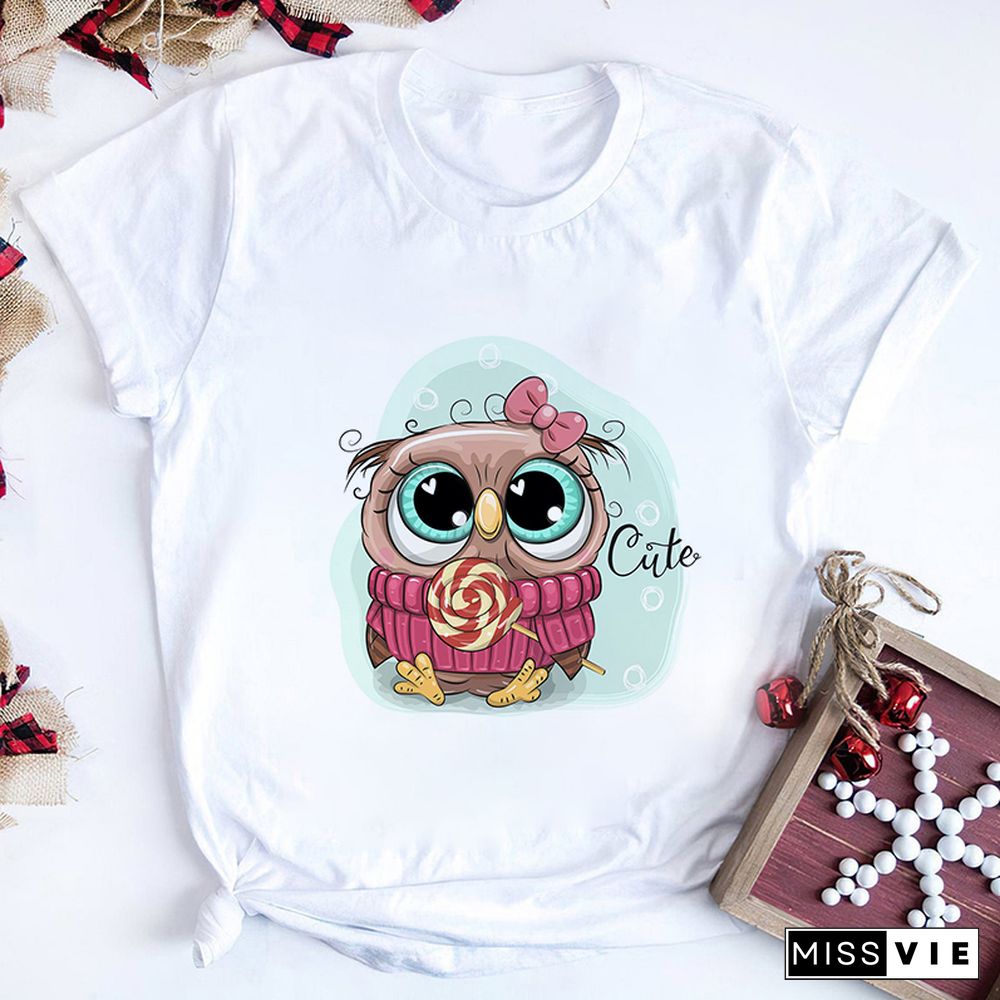 Gothic Women Cute Owl Printed T-Shirt All Seasons Fashion Thin Short Sleeve Tees Harajuku Casual Pink Top Female Clothing Tshirt