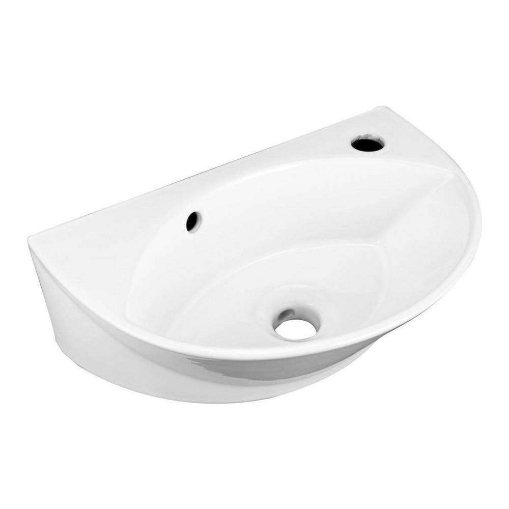 RENOVATORS SUPPLY MANUFACTURING 17 in. W Small Wall Mounted Oval Gloss Porcelain Vessel Bathroom Sink in White with Overflow Faucet and Drain 91667