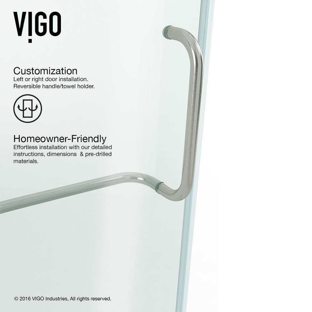 VIGO Pirouette 54 to 60 in. W x 72 in. H Pivot Frameless Shower Door in Brushed Nickel with 38 in. (10mm) Clear Glass VG6042BNCL60