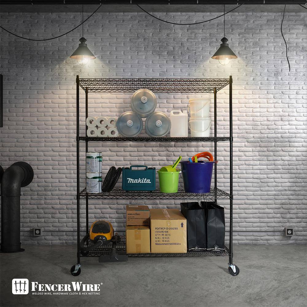 Fencer Wire Black 4-Tier Metal Garage Storage Shelving Unit with Casters and Leveling Feet (60 in. W x 24 in. D x 76 in. H) RWW-CH60244WBK