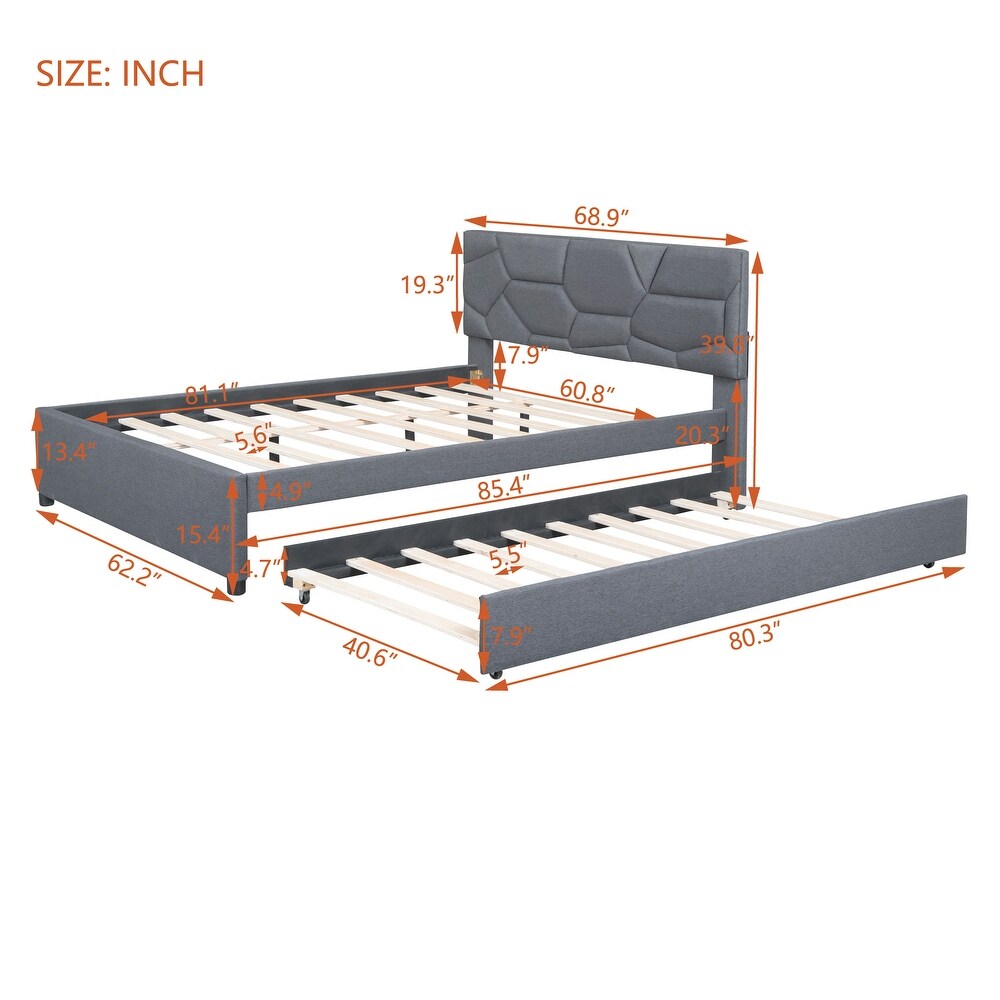 Queen Size Upholstered Platform Bed with Linen Fabric Brick Pattern Headboard and Twin XL Size Trundle Bed Frame