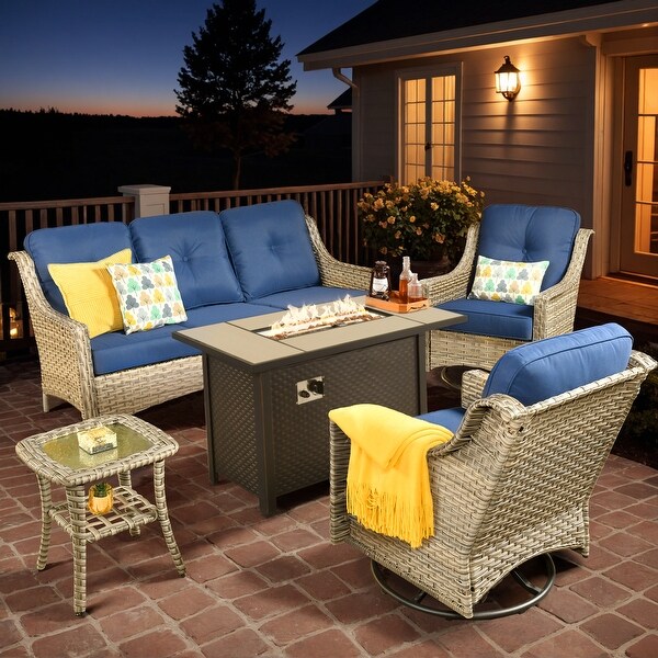 XIZZI Outdoor Rattan Wicker Patio Furniture Conversation Set with Fire Pit Table