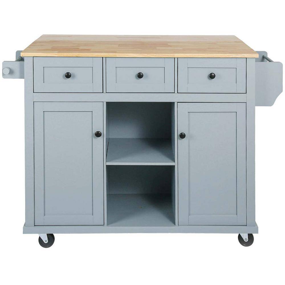 Blue Wood 53 in. W Kitchen Island Cart with Drop Leaf 2-Storage Cabinet 3-Drawers and Storage Rack LN0207MI-CART-2