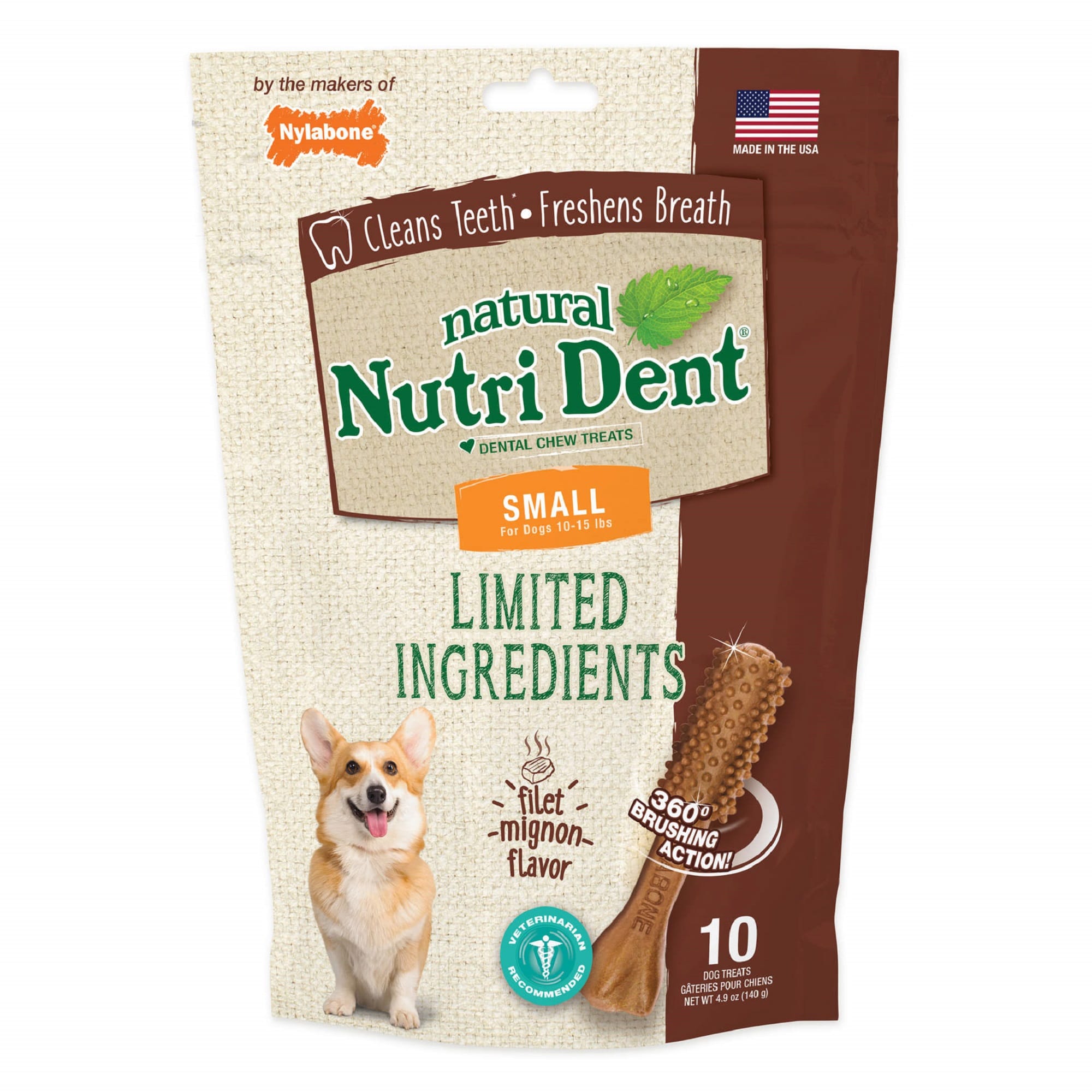 Nylabone Nutri Dent Filet Mignon Limited Ingredients Wet Dental Chews for Dogs， 4.9 oz.， Count of 10