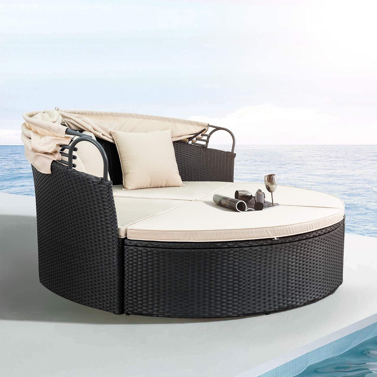 Vineego Patio Furniture Outdoor Round Daybed with Retractable Canopy Wicker Rattan Separated Seating Sectional Sofa for Patio Lawn Garden Backyard Porch Pool