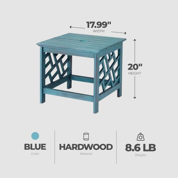 Four Seasons Courtyard 18 Inch Distressed Hardwood Portland Square Outdoor Patio End Table With Brushed Wire Finish amp 70 Pound Maximum Capacity Blue