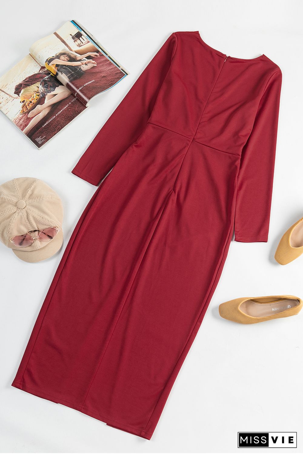 Wine Red Long Sleeve V Neck Twist Front Slit Long Dress