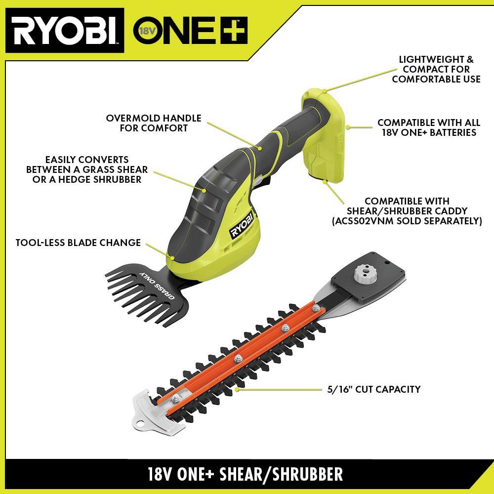 RYOBI ONE+ 18V Cordless Grass Shear and Shrubber Trimmer (Tool Only) P2908BTL