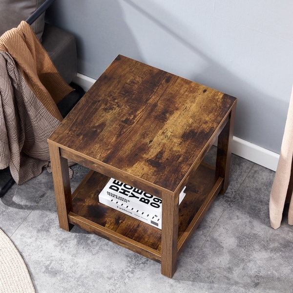 Modern Simple Side Table，Wooden 2-tier End Table with storage shelve