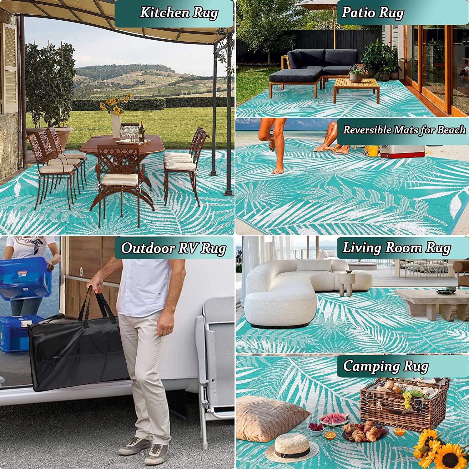 MeyJey High Quality Plastic Straw Reversible Outdoor Rugs Waterproof Leaf Carpet for RV, Patio, Deck, Camping 6' x 9' Teal