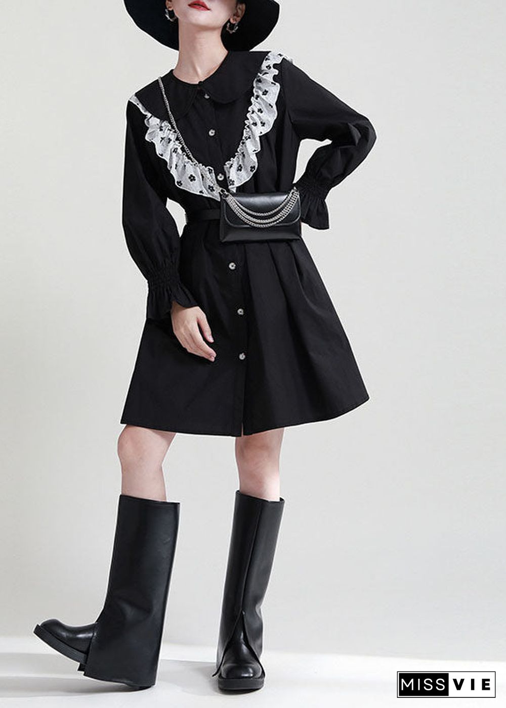 Italian Black Ruffled Patchwork Cotton Shirt Dresses Fall