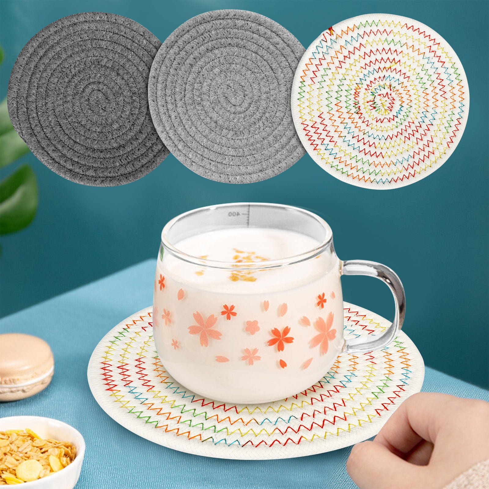 3pcs Potholders Trivets Set， EEEkit 7inch Pure Cotton Thread Weave Hot Pot Holders Mats for Kitchen， Round Kitchen Cooking and Baking Hot Pads， Spoon Rest Coasters for Hot Pots and Pans