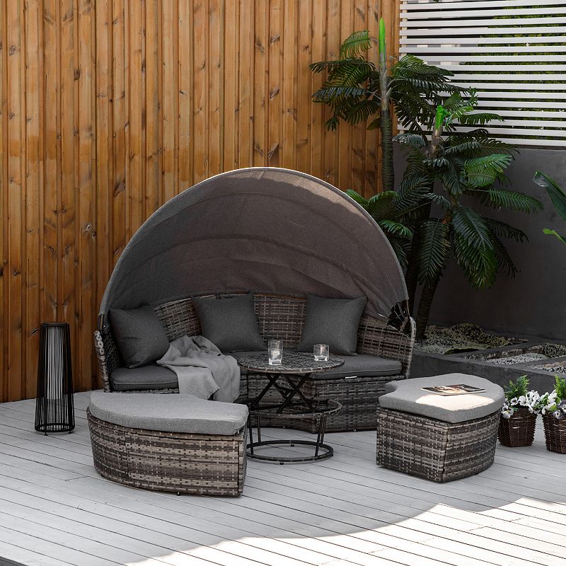 Outsunny 5 Pieces Patio PE Wicker Lounge Set， Outdoor Rattan Garden Conversation Furniture Set， Round Sofa Bed with Cannopy， Cushioned， Adjustable Coffee Table， Grey