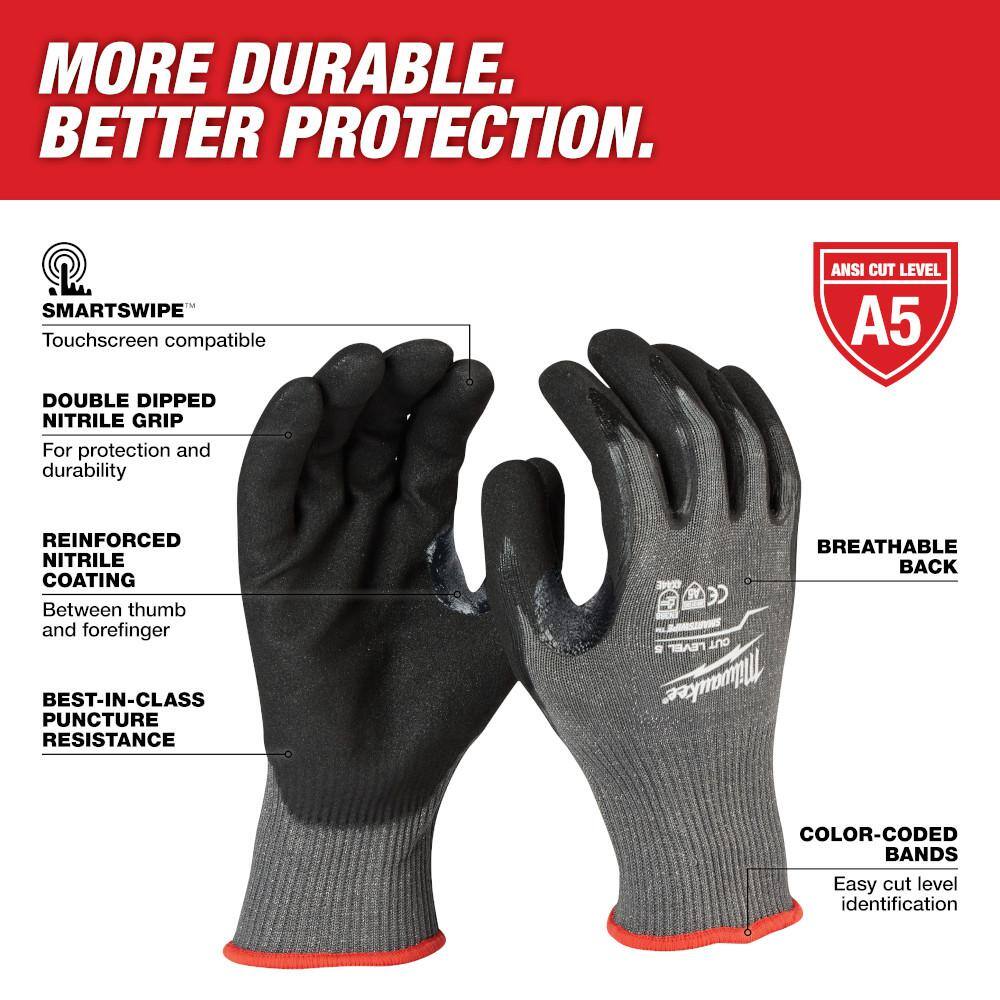 MW Large Gray Nitrile Level 5 Cut Resistant Dipped Work Gloves (3-Pack) 48-22-8952-X3