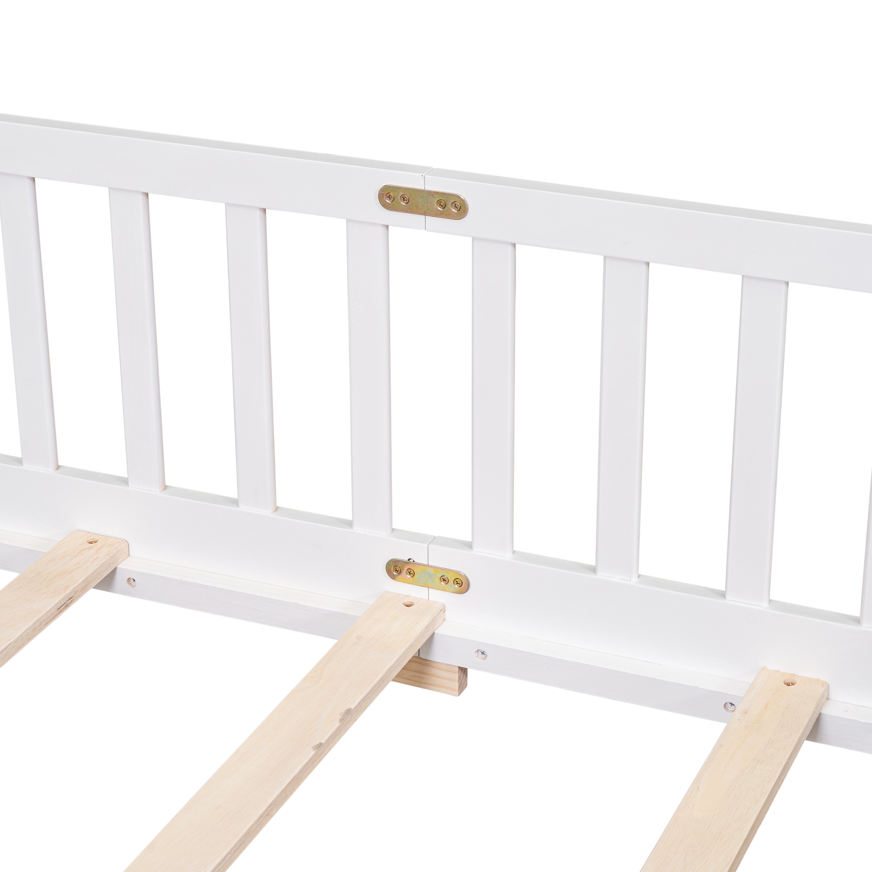 uhomepro Queen Size Wood Floor Bed Frame with Fence and Door for Kids, Toddlers, White