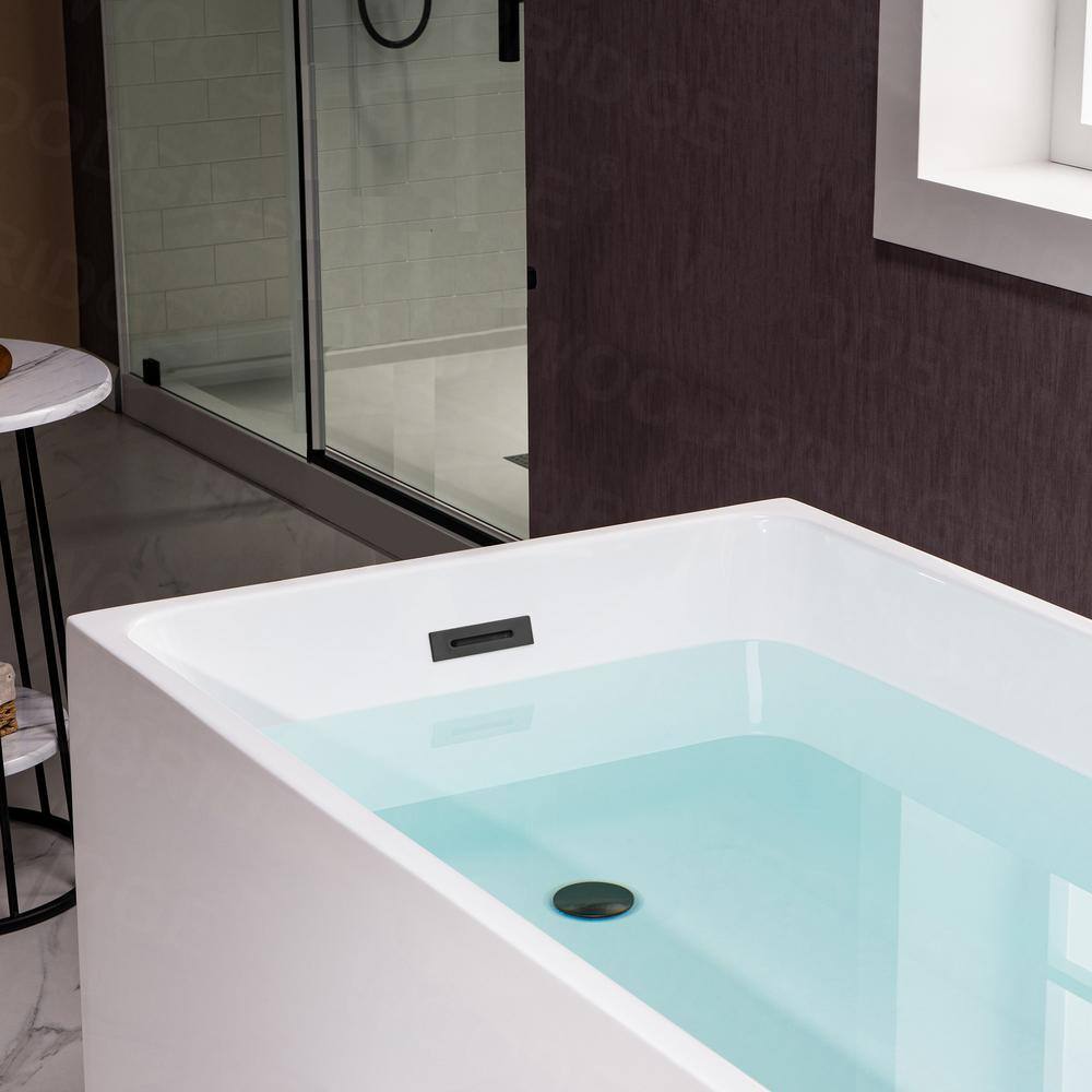 WOODBRIDGE Ahri 59 in. Acrylic Flatbottom Rectangle Bathtub with Matte Black Overflow and Drain Included in White HBT5897