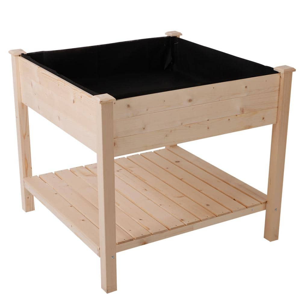 Outsunny 36 in. L x 36 in. W x 32 in. H Wood Square Outdoor Raised Garden Bed Planter Box with Shelf 845-241