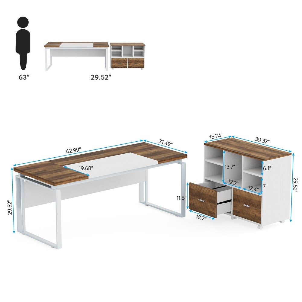 L Shaped Executive Desk with Reversible File Cabinet 63\