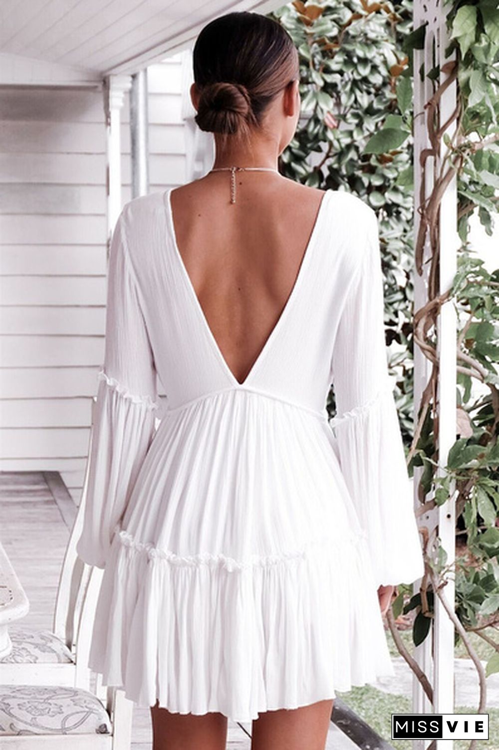 Women Fashion Deep V-neck Long Sleeve Dress Backless White Dress Casual Beach Mini Dress