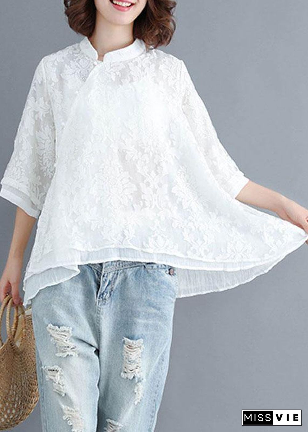 Boho White Stand Collar Asymmetrical Design Summer Tops Three Quarter Sleeve Shirt