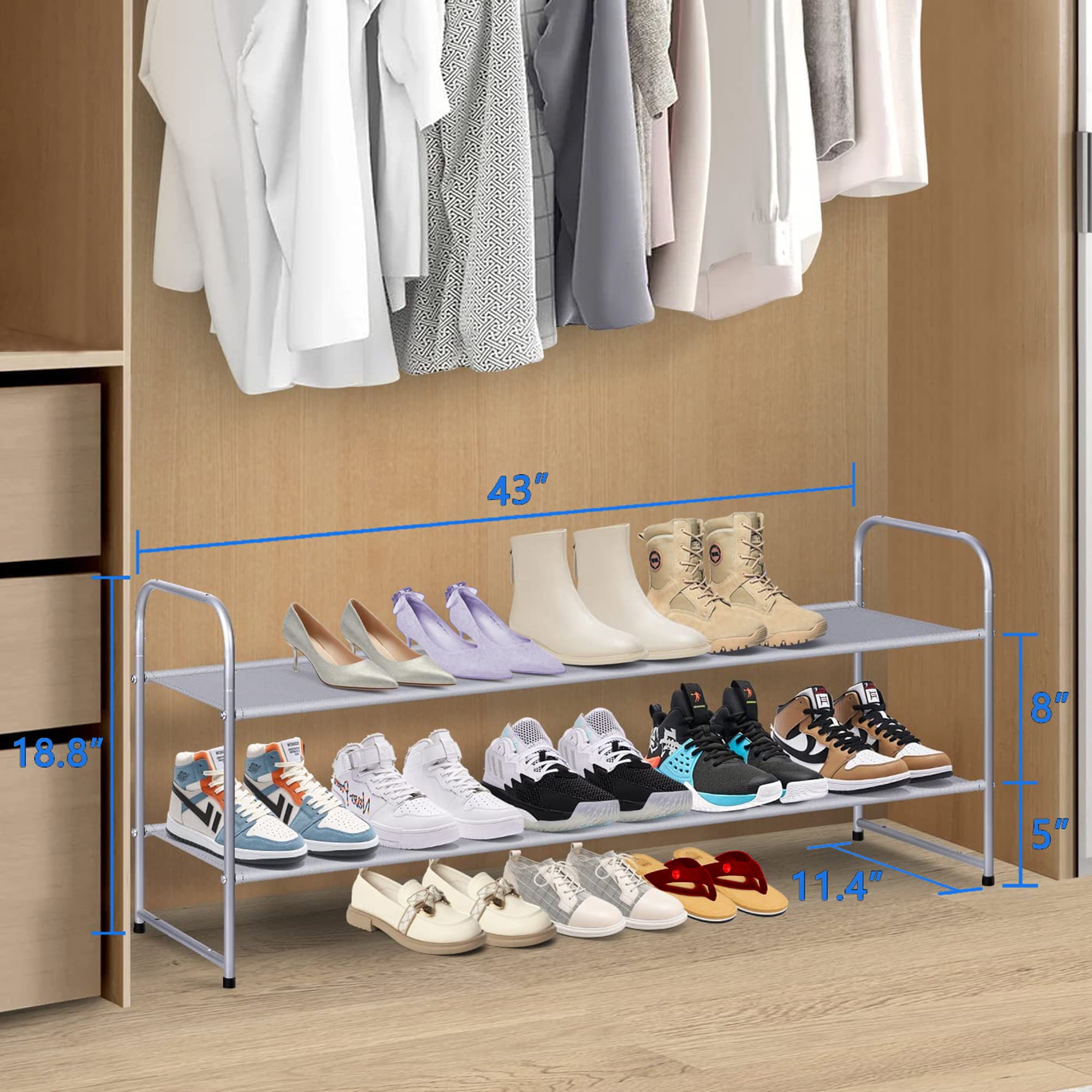 MISSLO 2 Tier Stackable Long Shoe Rack 18 Pairs Metal Shoe Storage Shelf Fabric Organizer for Closet Entryway Bedroom， Grey