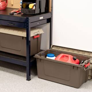 IRIS 82 qt. Stackable Storage Tote with Heavy-duty Red Buckles and Beige Lid in Brown 585128