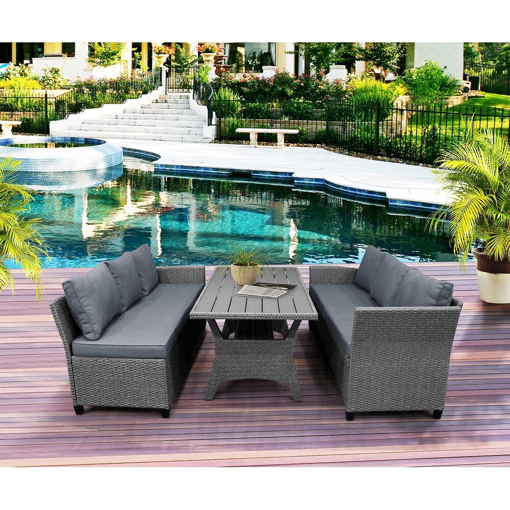 Outdoor Furniture PE Rattan Wicker Conversation Set  Weather Sectional Sofa Set with Table   Soft Cushions