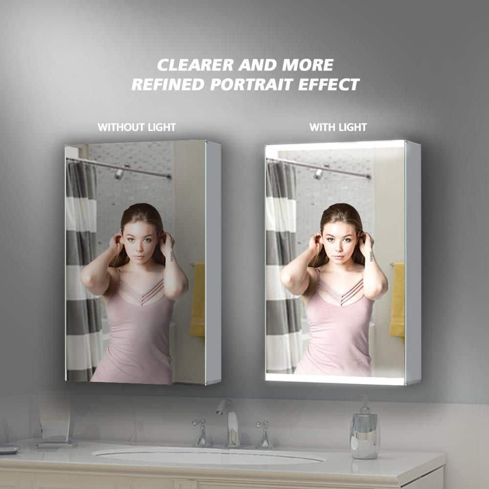 ExBrite 20 in W x 26 in H Small Rectangular Silver Aluminum Surface Mount Wall Medicine Cabinet with Mirror and LED Light