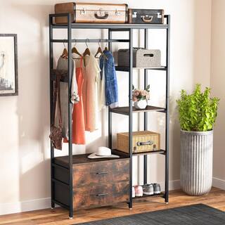 TRIBESIGNS WAY TO ORIGIN 47.2 in. W Freestanding Clothes Garment Rack with Shelves and 2 Drawers 5 Tier Rustic Brown Closet Organizer Wardrobe HD-GGF1546