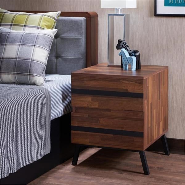 AOOLIVE Transitional Wooden Nightstand with 2 Drawers，Walnut and Black - - 34029775