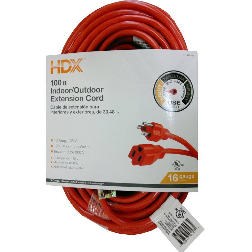 HDX 100 ft. 163 Light Duty IndoorOutdoor Extension Cord Orange HD#277-525