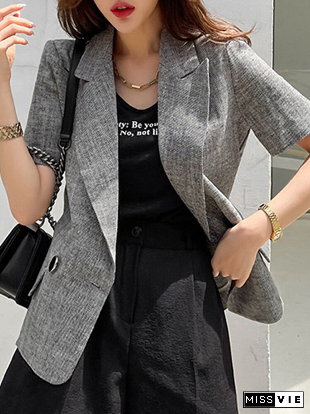 Short Sleeve Button Front Lapel Casual Blazer for Women