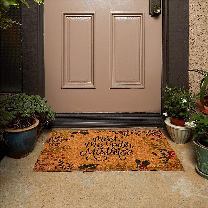 Coco Coir Christmas Doormat for Outdoor Entrance， Meet Me Under The Mistletoe， Non-Slip (17 x 30 in)