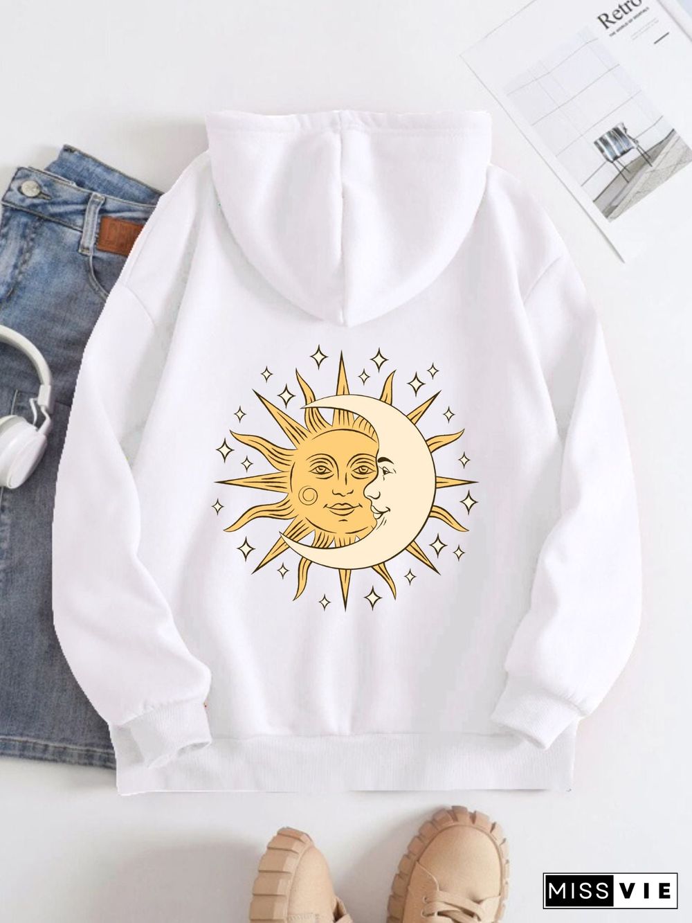 Printed on the Back Kangaroo Pocket Hoodie Long Sleeve for Women Pattern Sun and Moon Painting