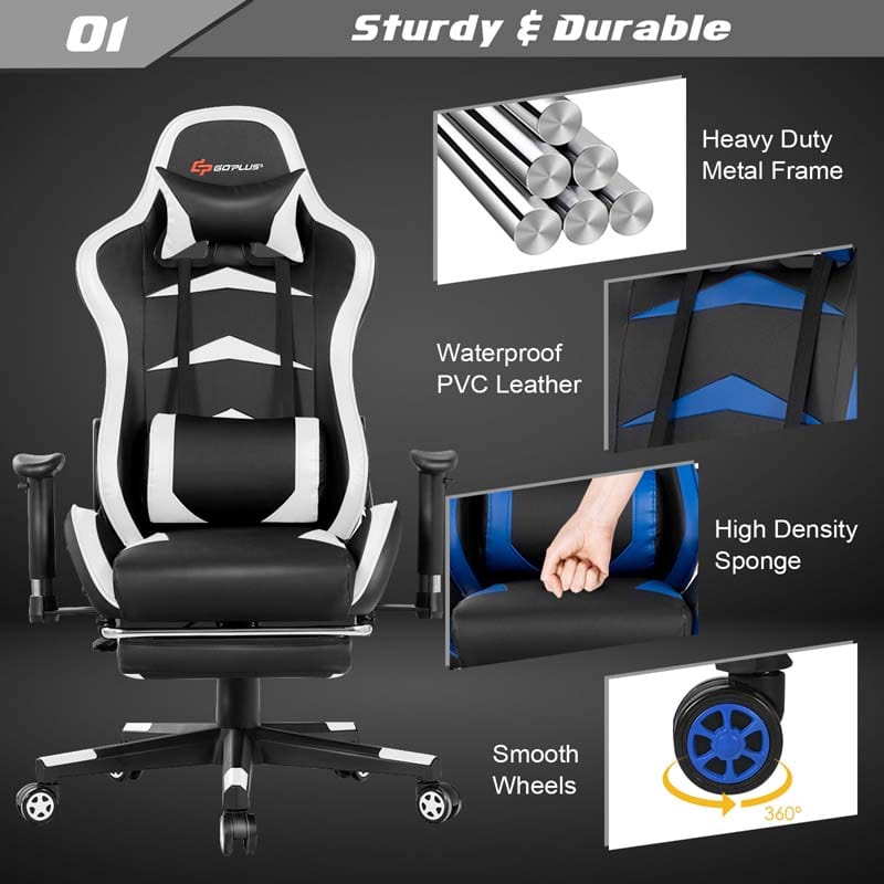 PU Leather Massage Gaming Chair with Footrest, Height Adjustable High Back Ergonomic Gamer Racing Recliner, Swivel PC Game Chair Office Chair