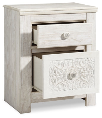 Signature Design by Ashley Paxberry Boho 2 Drawer Nightstand with 2 Slim-Profile USB Charging Ports, Whitewash