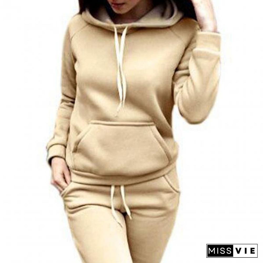 Women Outfit Thick Stylish Two Piece Two Piece Pockets Drawstring Hoodie Pants Set