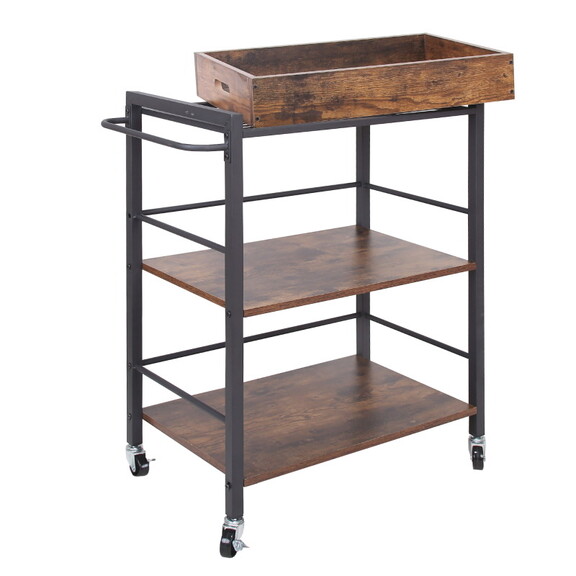 Tray Top Wooden Kitchen Cart with 2 Shelves and Ca...