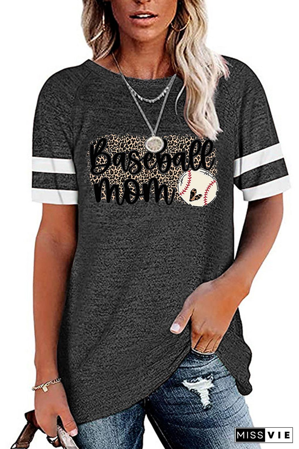 Baseball Mom Leopard Graphic Tees for Women Wholesale