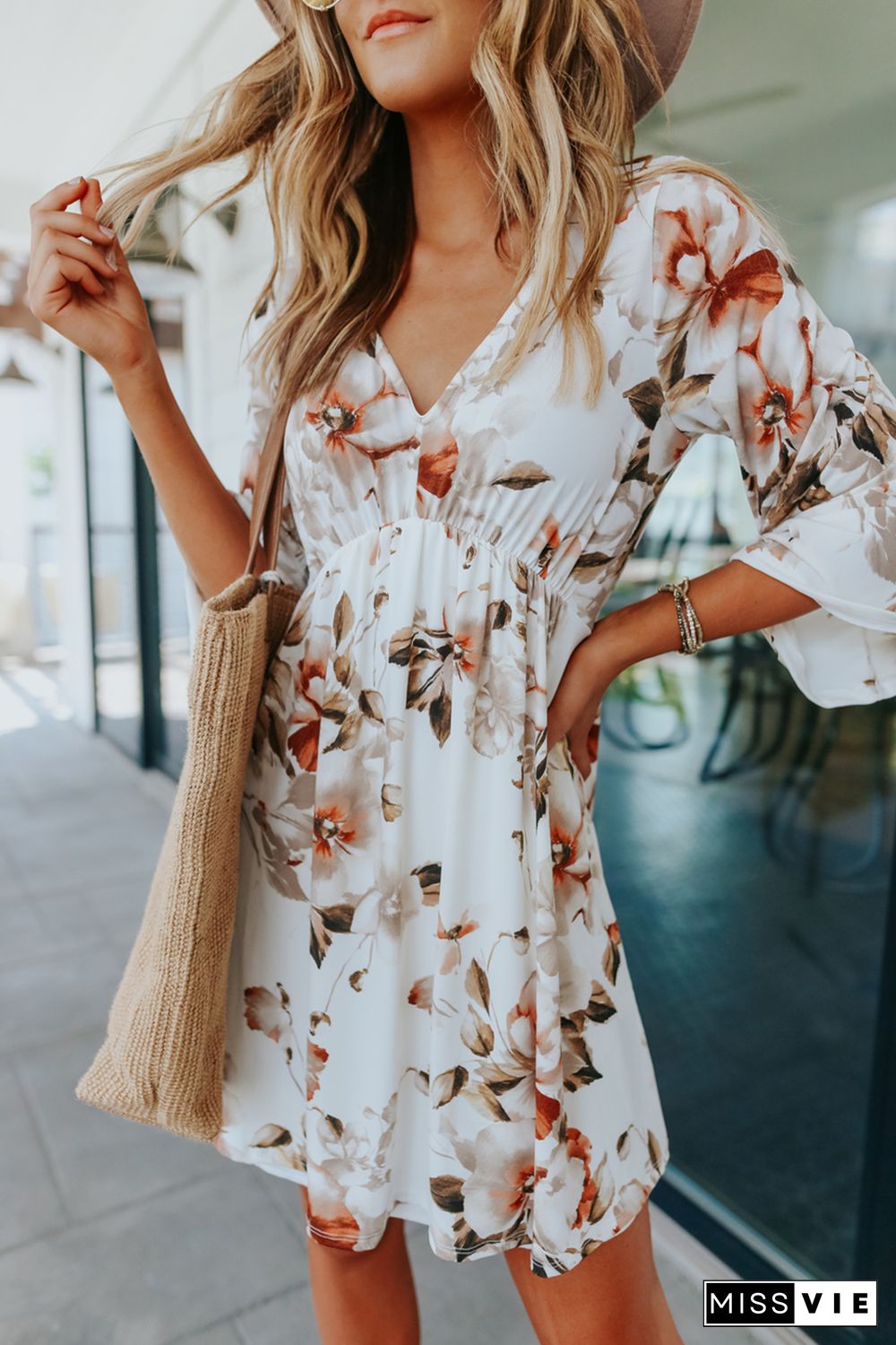 White V Neck 3/4 Sleeve Floral Dress