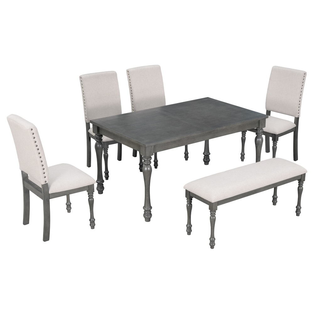 6 Piece Dining Table Set  Modern Rectangular Kitchen Dining Table Set  4 Upholstered Dining Chairs and Bench  for Dining Room